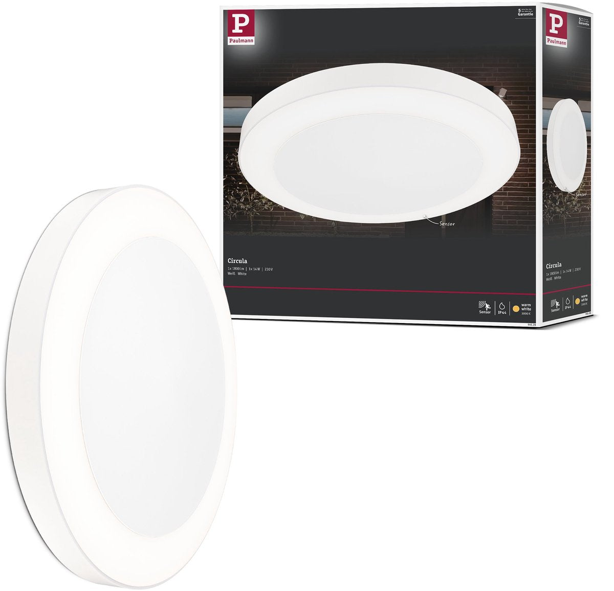 Paulmann led-plafondlamp circula schemersensor schemergestuurde bewegingsmelder (ir) zeewater bestendig ip44 rond 320 mm 3000k 14w 880lm 230v wit kunststof