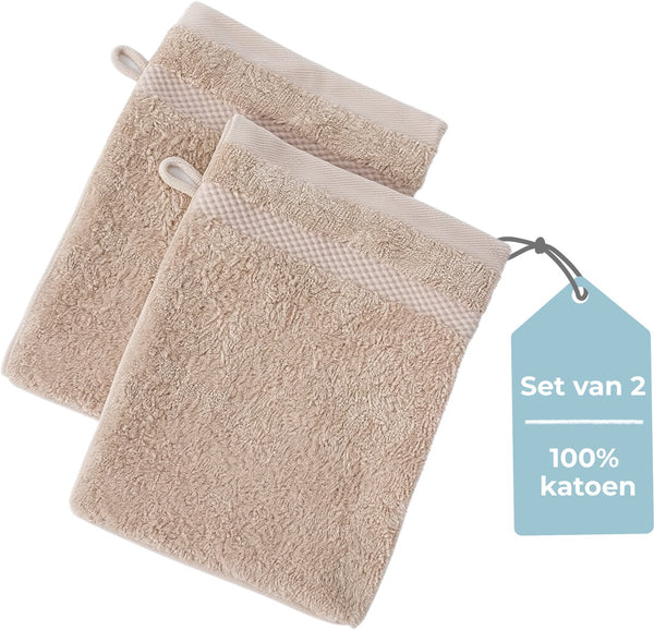 Hush. living hush living - washand - 100% katoen - set van 2 - zware kwaliteit 500g m2 - stijlvol boord en ophanglus- 16x22cm - zand