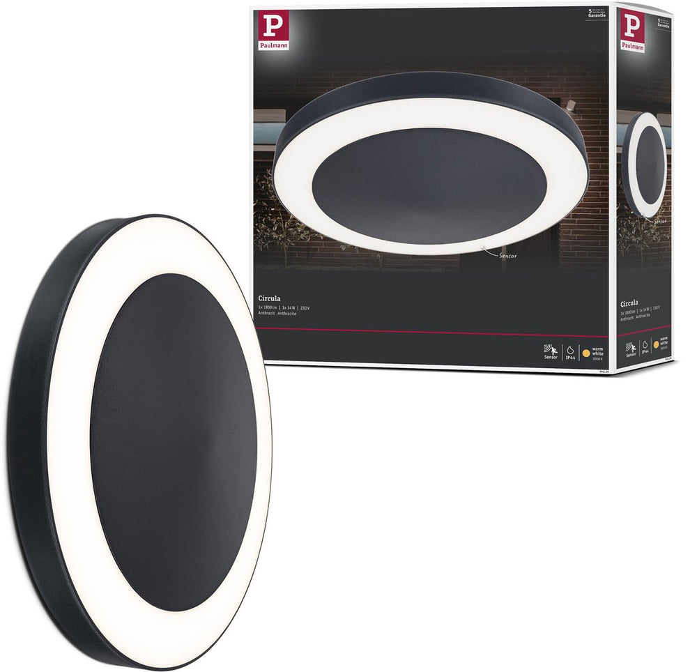 Paulmann led-plafondlamp circula schemersensor schemergestuurde bewegingsmelder (ir) zeewater bestendig ip44 rond 320 mm 3000k 14w 880lm 230v antraciet kunststof
