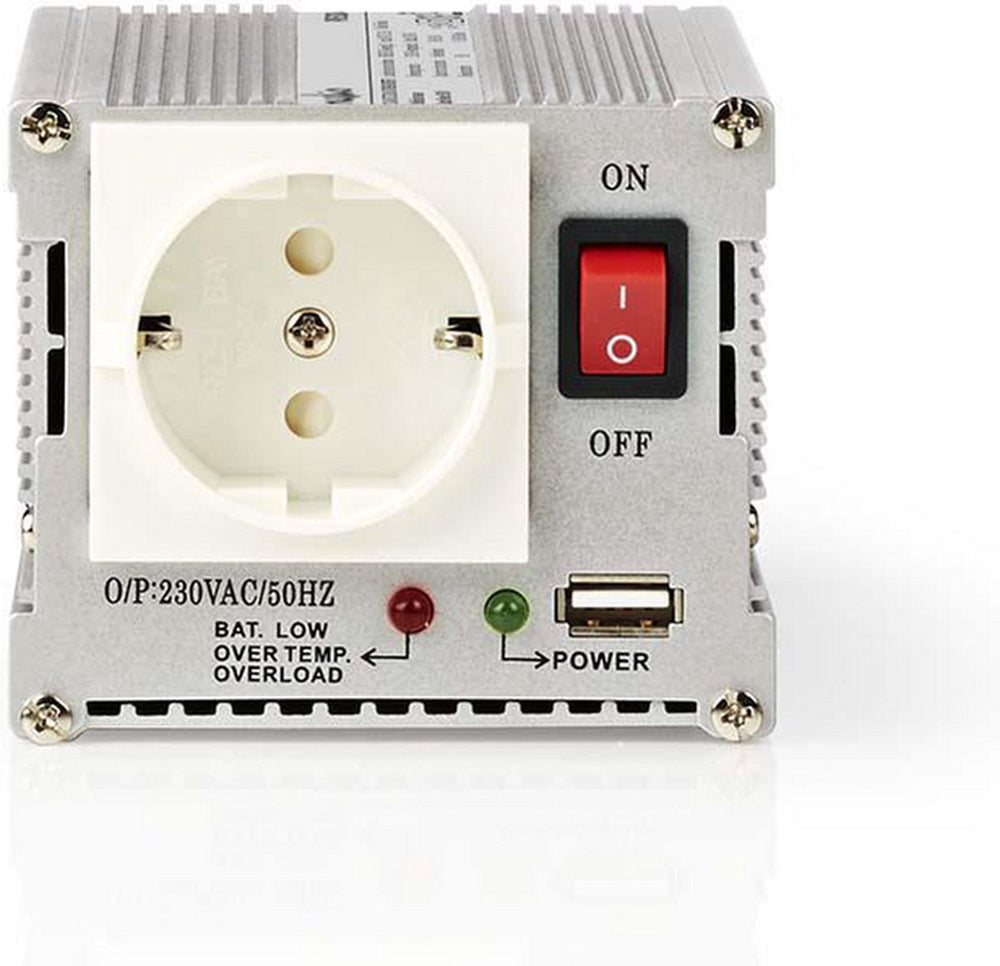Nedis omvormer gemodificeerde sinusgolf - ingangsvoltage: 24 v dc - apparaat stroomoutput: type f (cee 7 3) usb-a - 230 v ac 50 hz - 300 w - piekvermogen: 600 w - accuklemmen + aansteker - zilver
