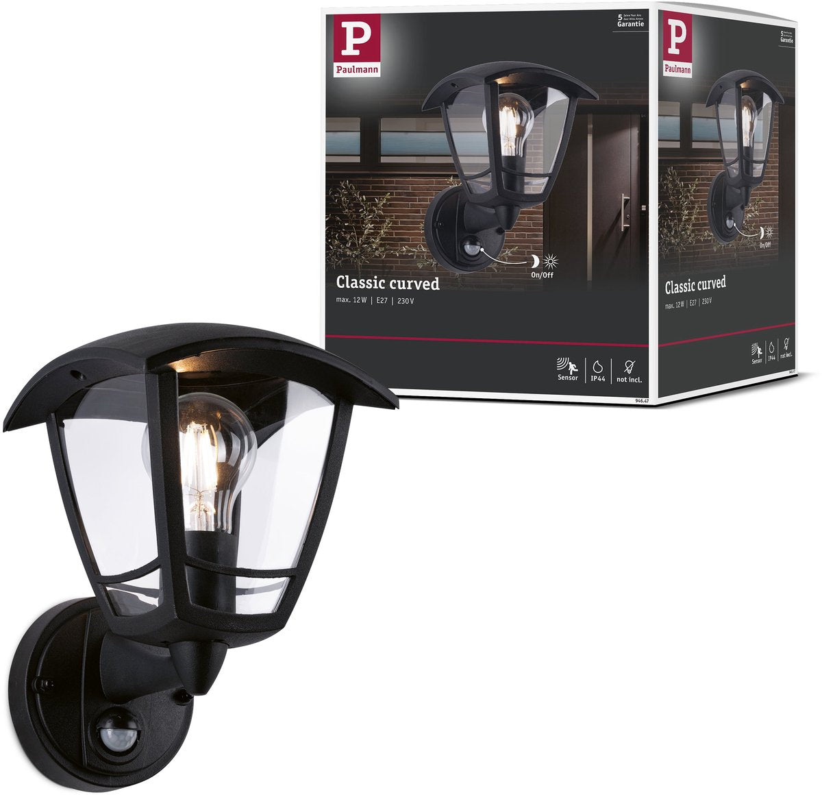 Paulmann wandarmaturen voor buiten classic curved schemergestuurde bewegingsmelder (ir) ip44 hoekig 164x230 mm max. 12w 230v zwart kunststof