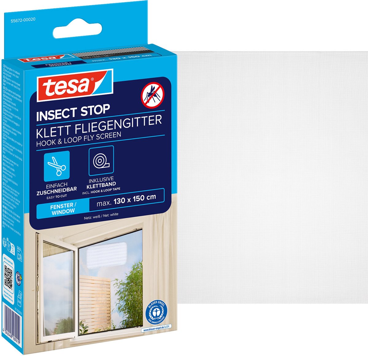 Tesa insect stop h l fly screen for window - hor met klittenband, op maat snijden, zonder boren - 1 net - 130 x 150 cm - wit (lichte privacy)