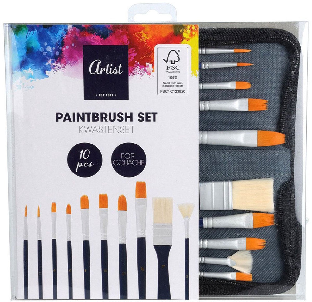 Kwastenset voor gouache in opbergtas. 10e.