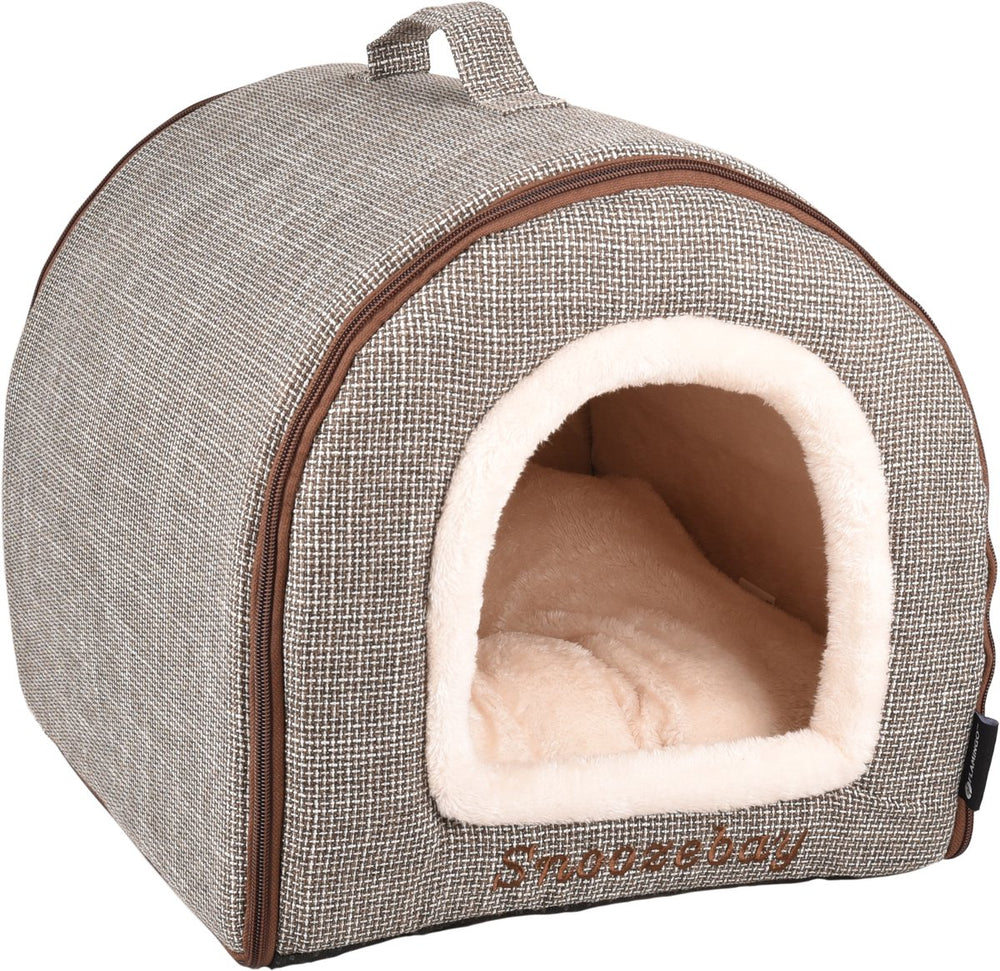 Flamingo kattenbed – katten slaapmand – kattenhuis – kattenhol – cat cave – bruin crème, 45 x 35 x 35 cm – slaapplaats snoozebay