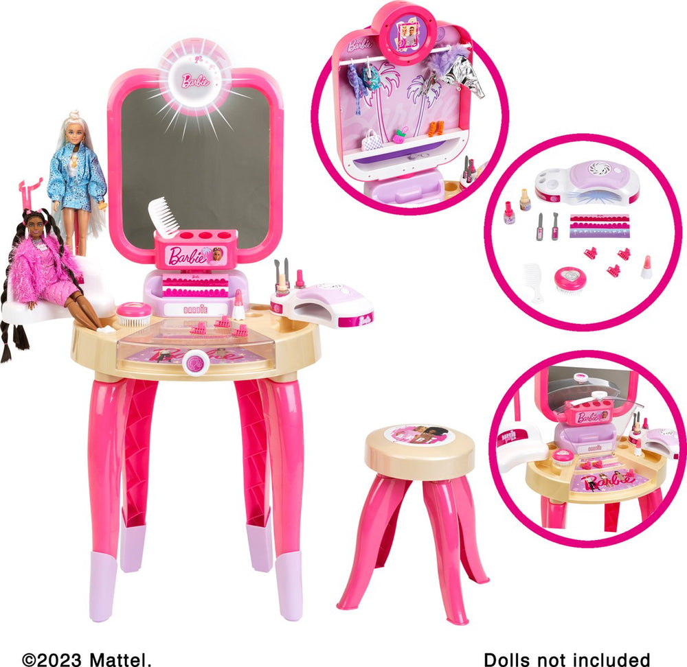 Klein toys barbie beautystudio happy vibes - incl. gebruiksvoorwerpen en nageldroger met lucht- en lichteffecten - roze beige