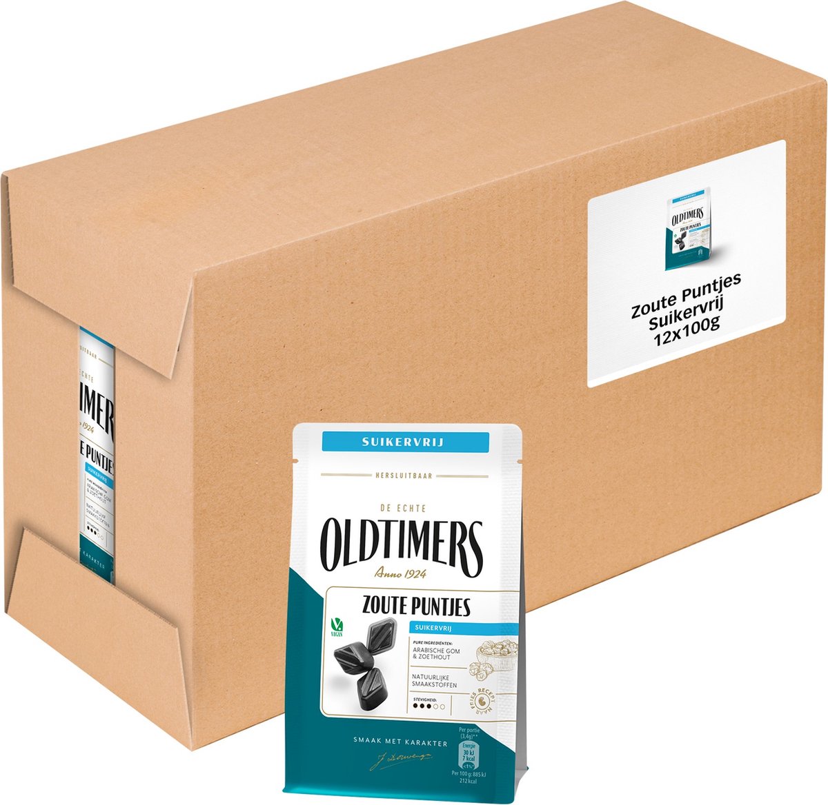 Oldtimers - drop - zoute puntjes suikervrij - 12 zakjes - 100 gram