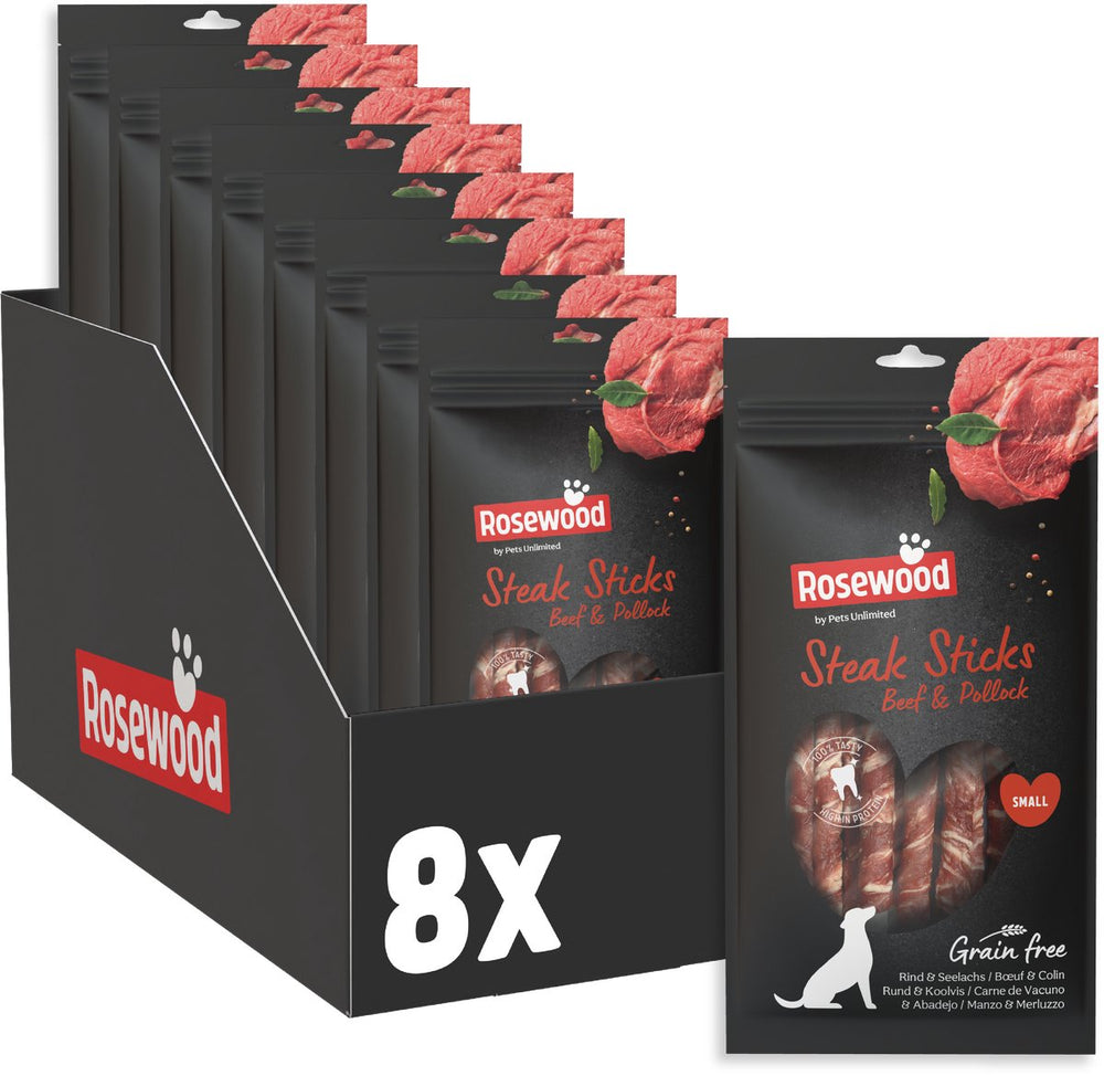 Rosewood steak sticks rund koolvis small - kauwstaven voor kleine honden - met runderhuid - graanvrij - zonder kunstmatige toevoegingen - 8 zakjes à 90g
