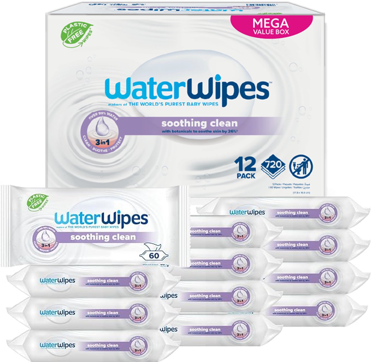 Waterwipes soothing clean babydoekjes - 12 x 60 stuks - 720 doekjes - voordeelverpakking