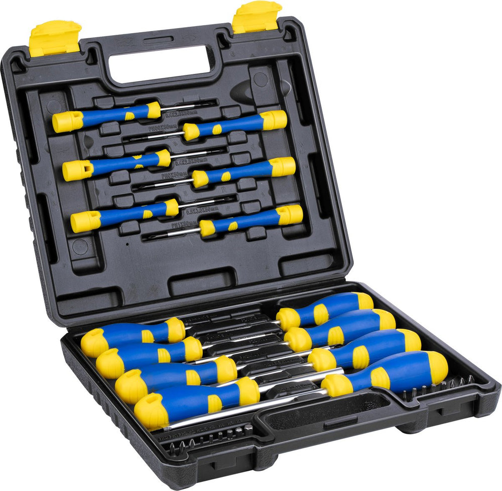 Kinzo schroevendraaierset 32-delig - incl. koffer - schroevendraaiers met magnetische tip - zwart, geel, blauw