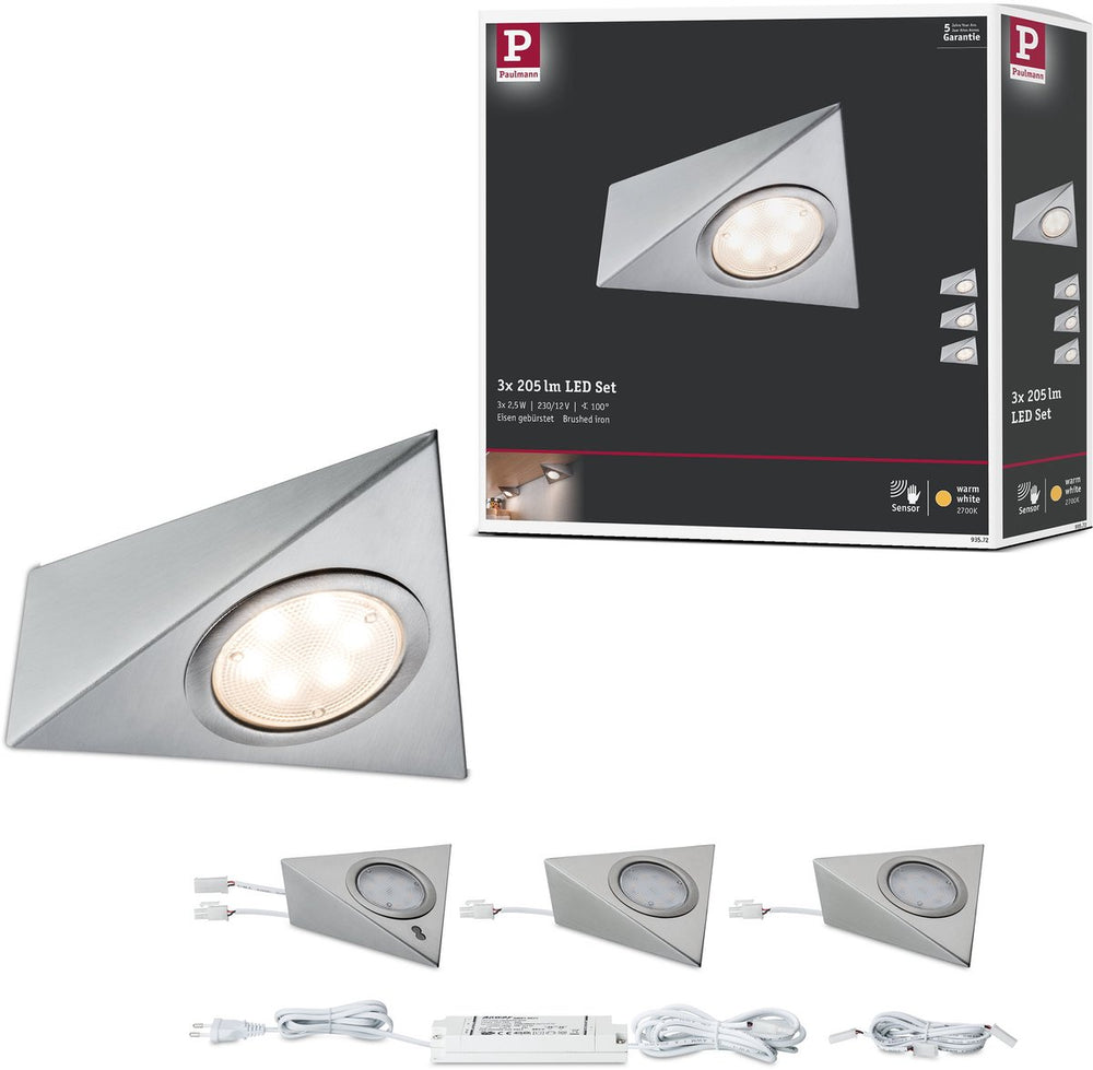 Paulmann led onderbouwverlichting set van 3 - geborsteld staal - 2,8w - 170 lm - 230 12v - hoekig design - keukenkastverlichting onderbouw led