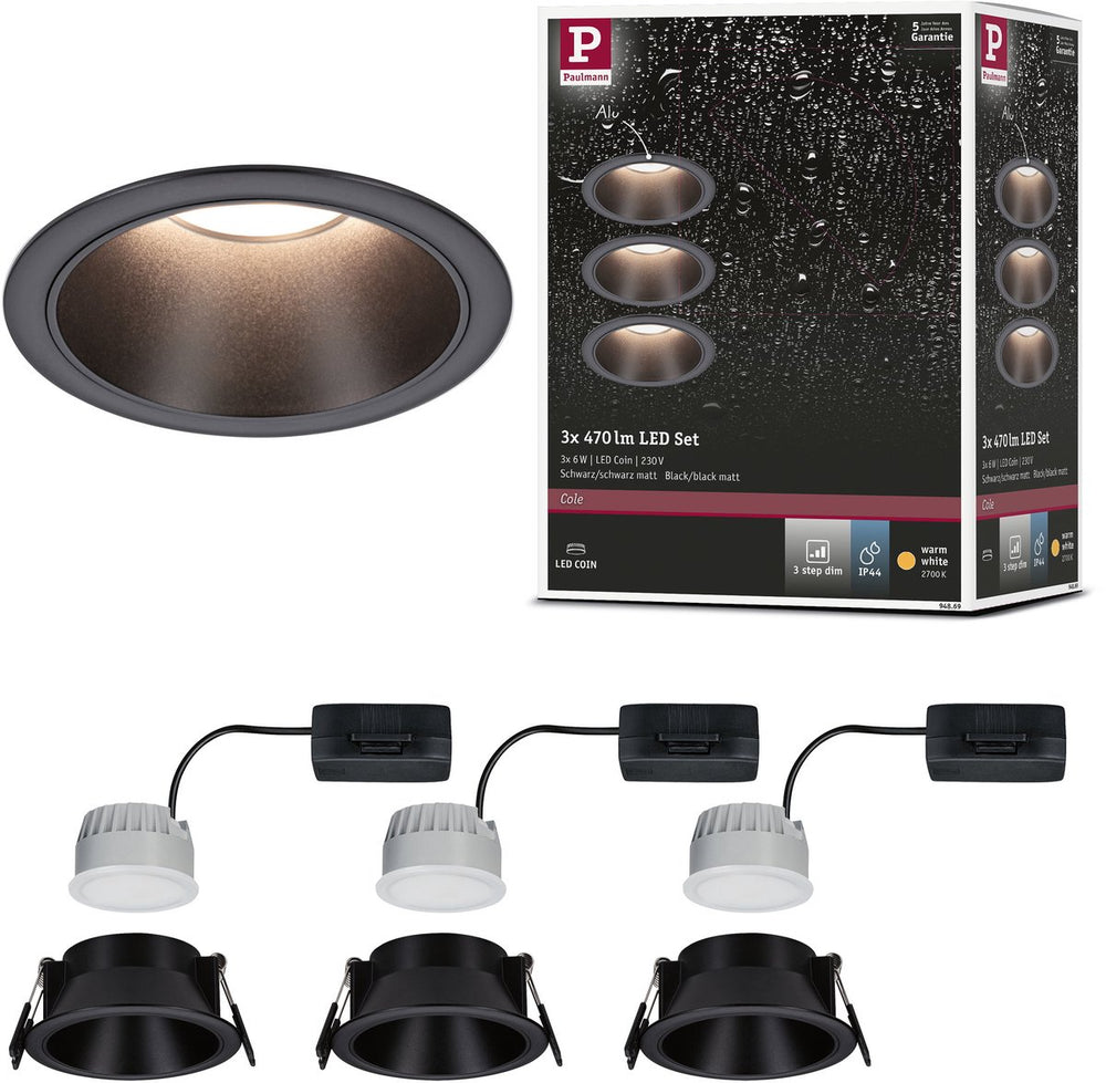 Paulmann led-inbouwlamp 3-step-dim cole coin set van 3 ip44 rond 88 mm coin 3x6w 3x470lm 230v dimbaar 2700k zwart