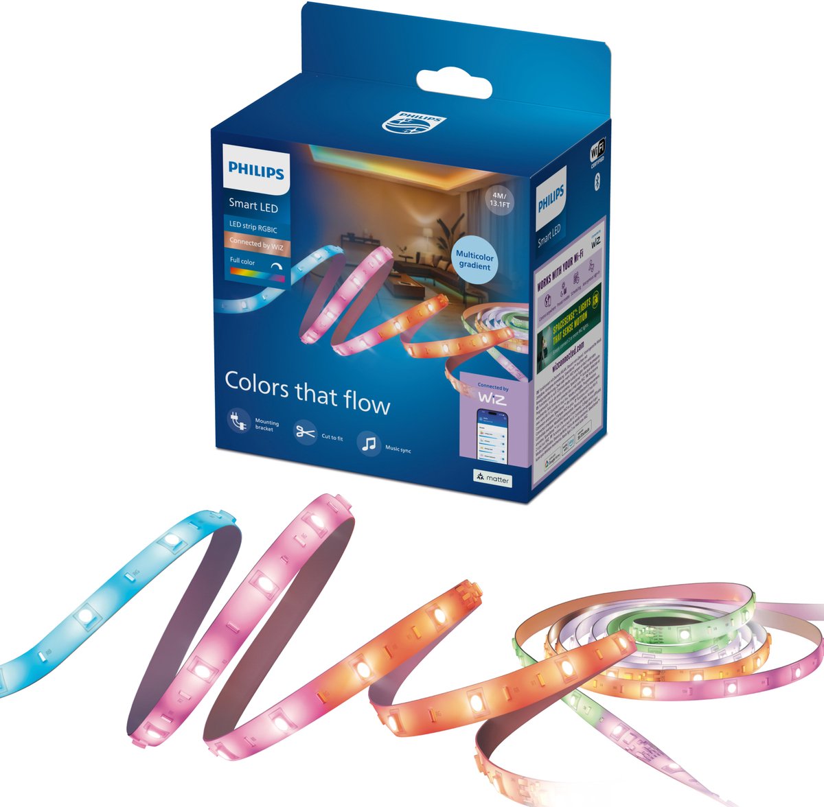 Philips smart lighting - led strip - lengte: 4m - rgbic - gekleurd en instelbaar wit licht - muzieksynchronisatie - werkt met de wiz app - wifi