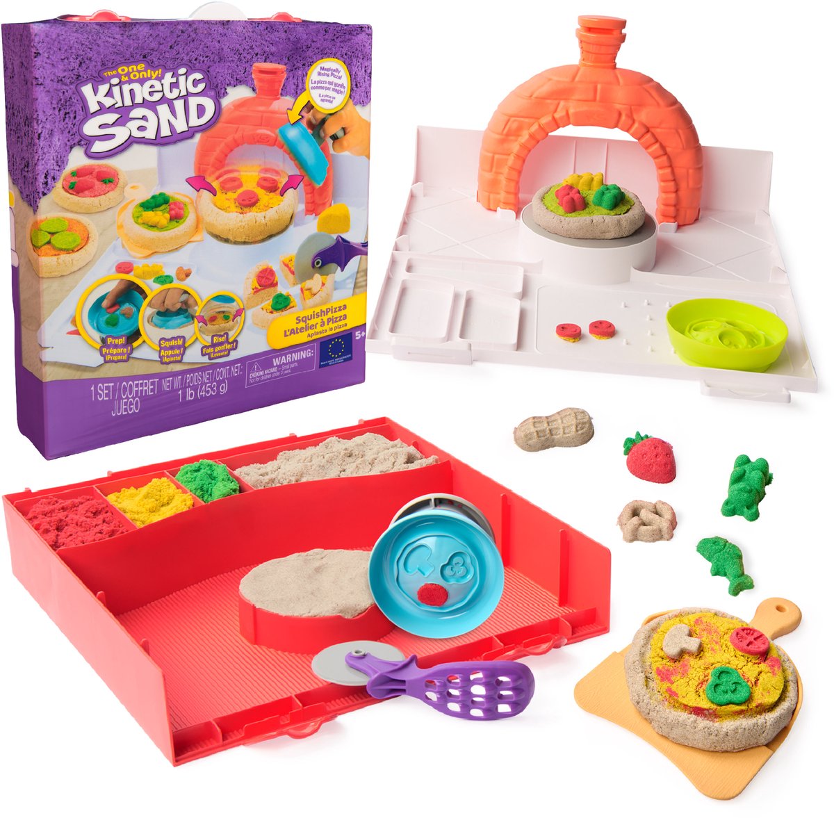 Kinetic sand - squishpizza - rijzende pizza-speelset met 452 g speelzand en 5 gereedschappen