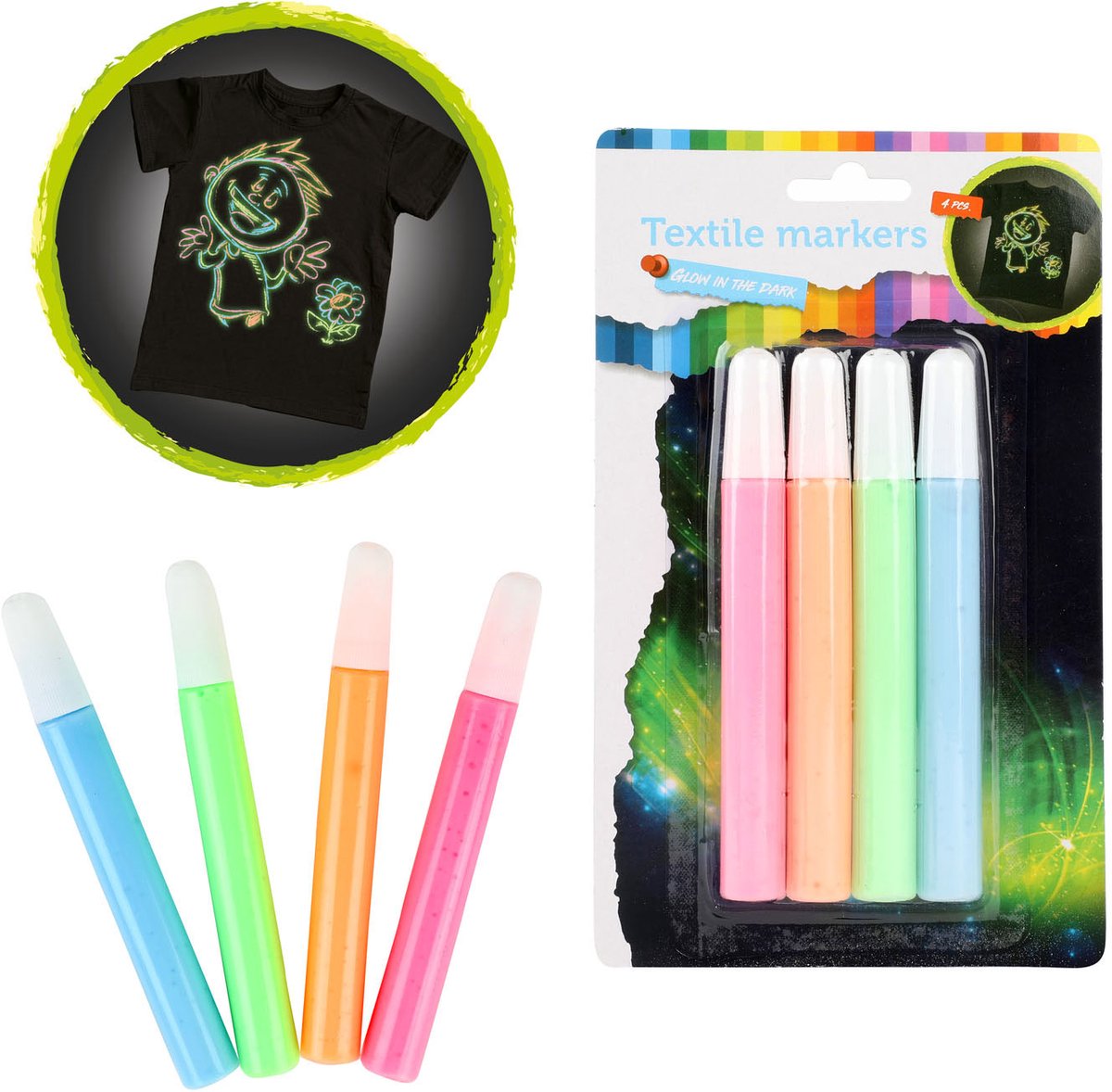 Toi-toys knijp textielstiften glow in the dark, 4st.