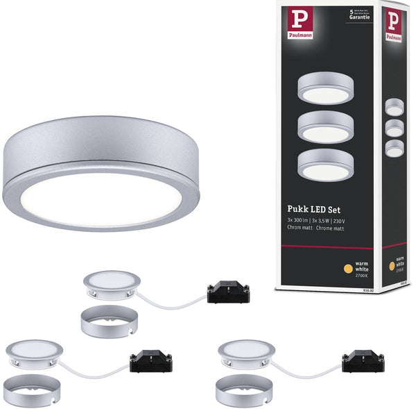 Paulmann pukk led onderkastverlichting set - 3 x 210 lm - 2700k warmwit - rond chroom mat