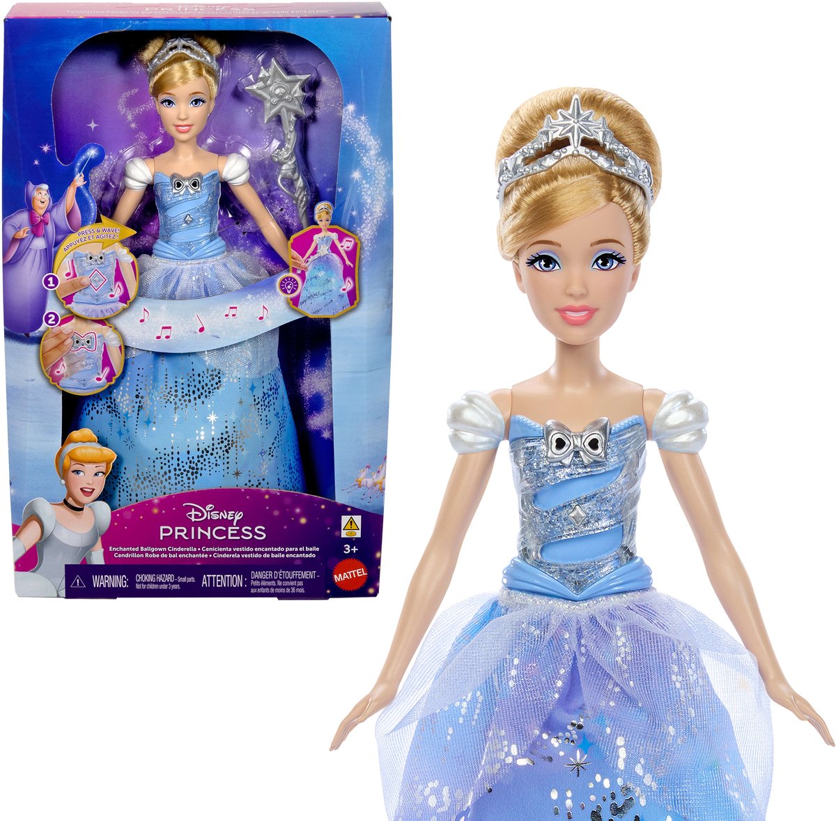 Mattel disney prinses assepoester – betoverende baljurk modepop met lichtshow en geluid