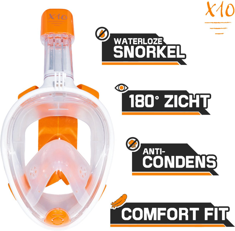 X10 snorkelmasker - duikbril - snorkel - snorkelset - full face masker - volwassenen - oranje - l xl