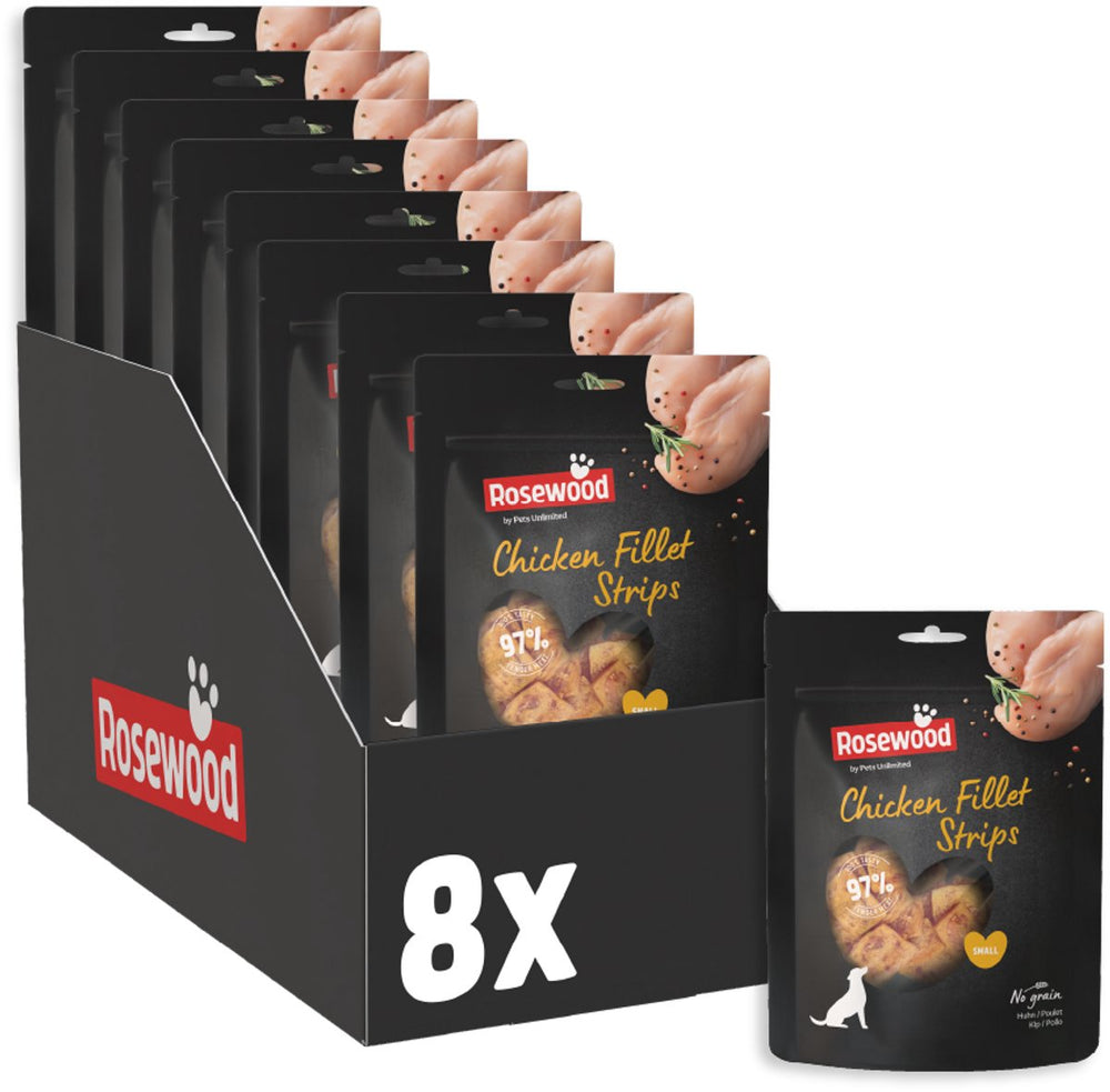 Rosewood chicken fillet strips small - hondensnack voor kleine honden - 97% kip - eiwitrijk vetarm - zonder kunstmatige toevoegingen - 8 zakjes à 150g