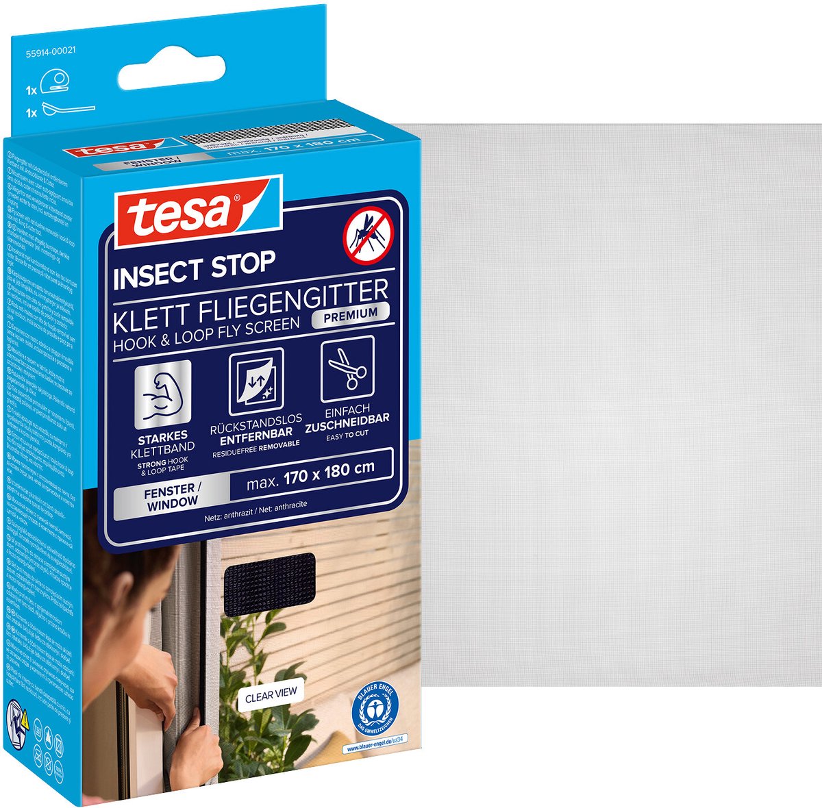 Tesa insect stop h l fly screen premium for windows - hor met sterke klittenband, verwijderbaar zonder resten, op maat snijden - 170 x 180 cm - antraciet (transparant)