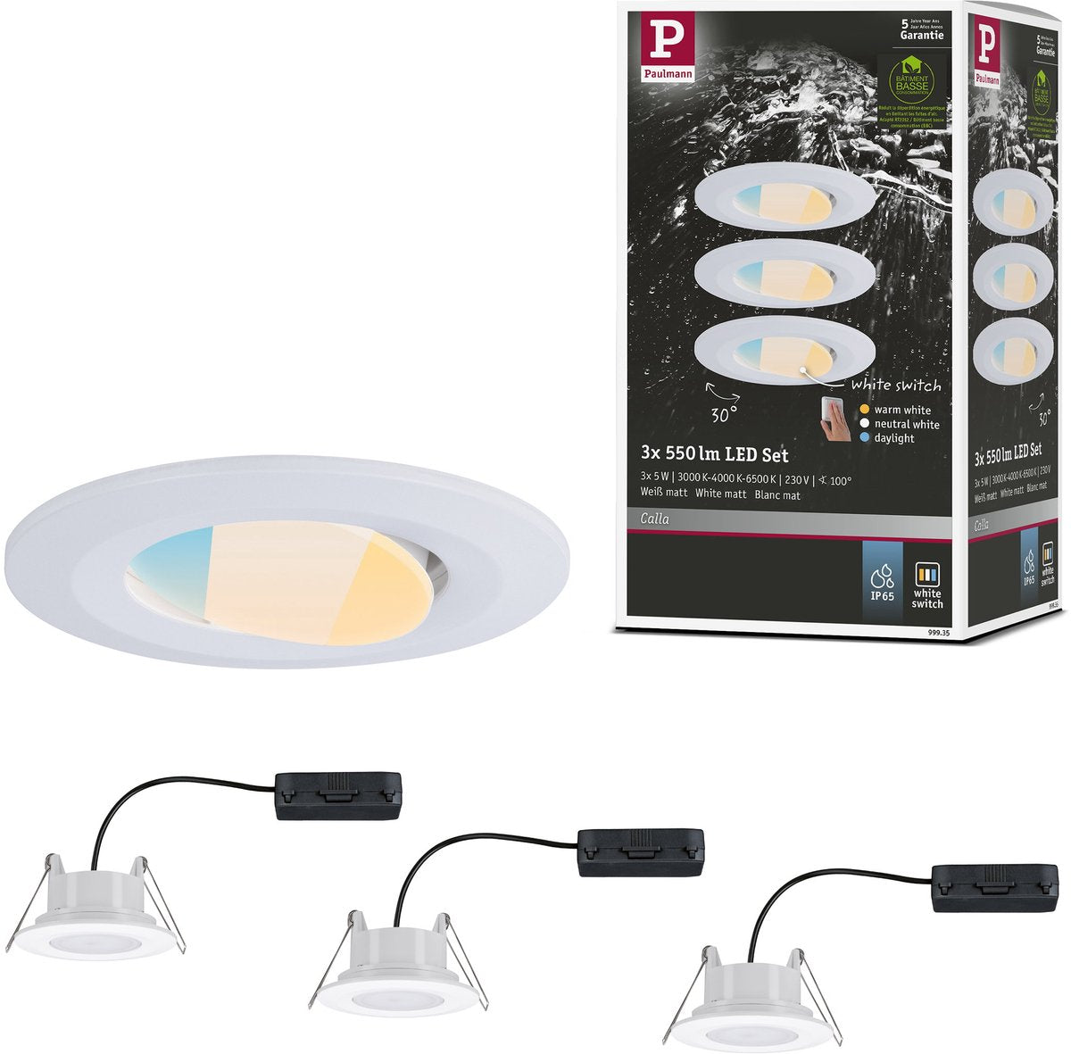 Paulmann led inbouwspots calla set van 3 - wit mat - ip65 - 5w per spot - 430 lm - 230v - whiteswitch - inbouwspots badkamer