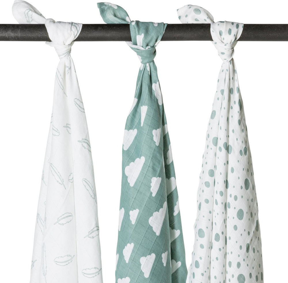 Meyco baby clouds dots feathers swaddle - 3-pack - hydrofiel - stone green - 120x120cm
