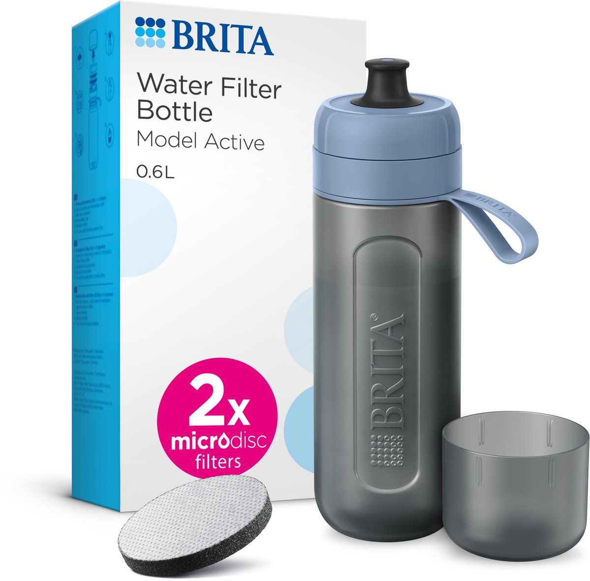 Brita - fill go - drinkfles active voor volwassenen - 0,6l - donkerblauw - inclusief 1 microdisc filterpatroon - ideaal voor drinkflessen