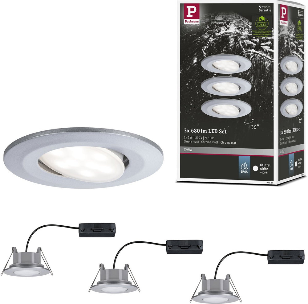 Paulmann led-inbouwlamp calla basisset zwenkbaar ip65 rond 90 mm 30° 3x6w 3x530lm 230v 4000k chroom mat