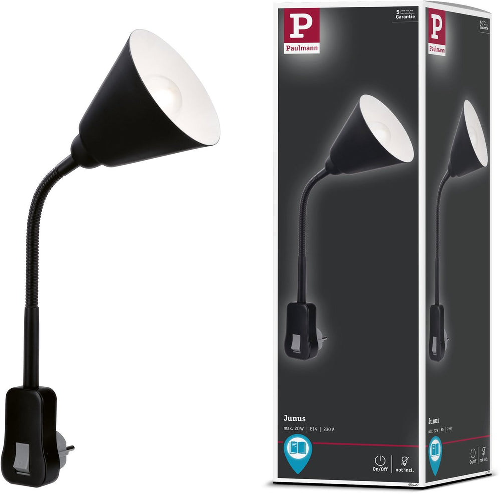 Paulmann stekkerlamp junus - flexarm - e14 230v - leeslamp nachtlamp dimbaar - stekkerspot - stopcontactlamp voor lees- en nachtgebruik - zwart