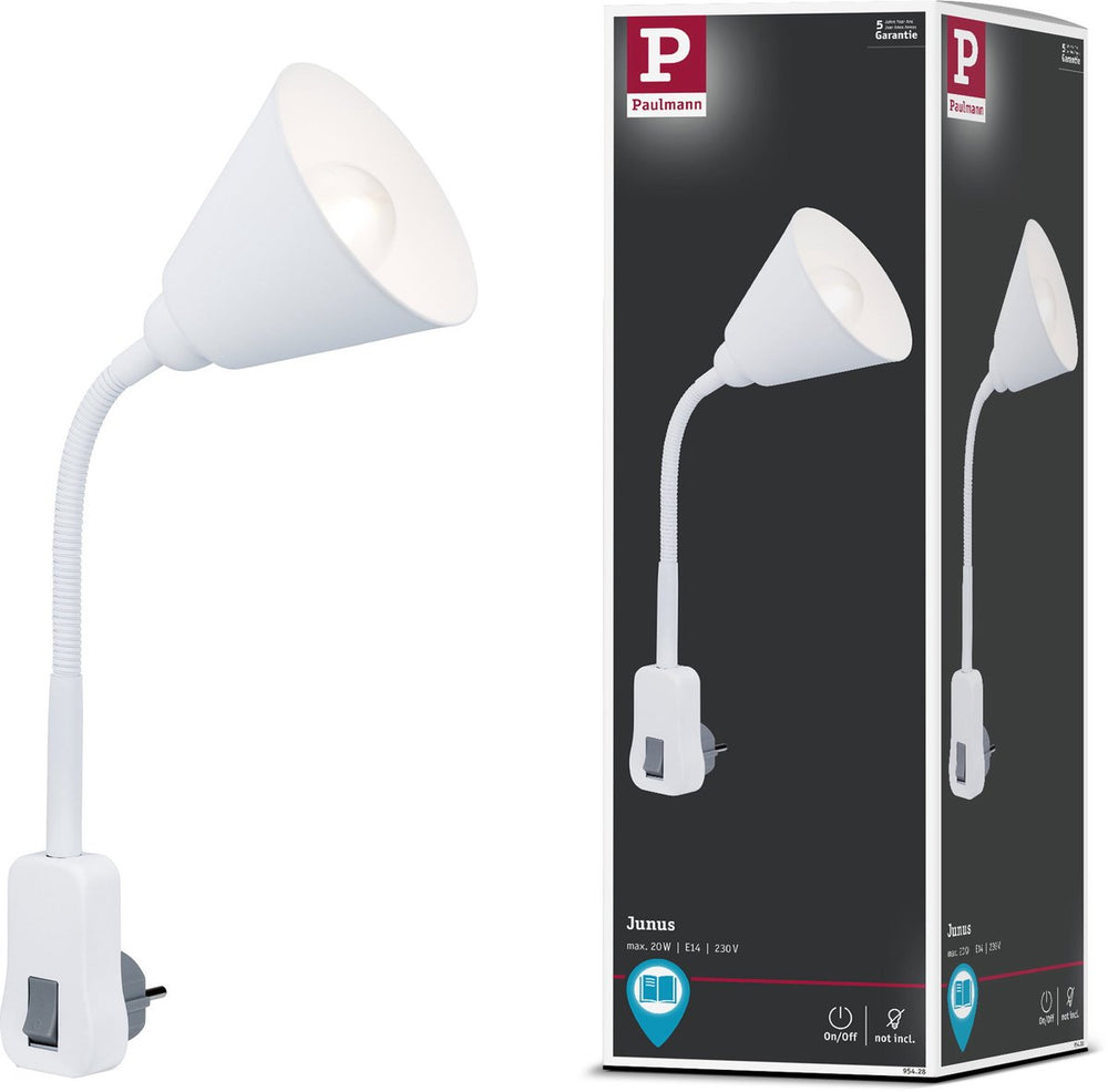 Paulmann stekkerlamp junus - flexarm - e14 230v - leeslamp nachtlamp dimbaar - stekkerspot - stopcontactlamp voor lees- en nachtgebruik - wit