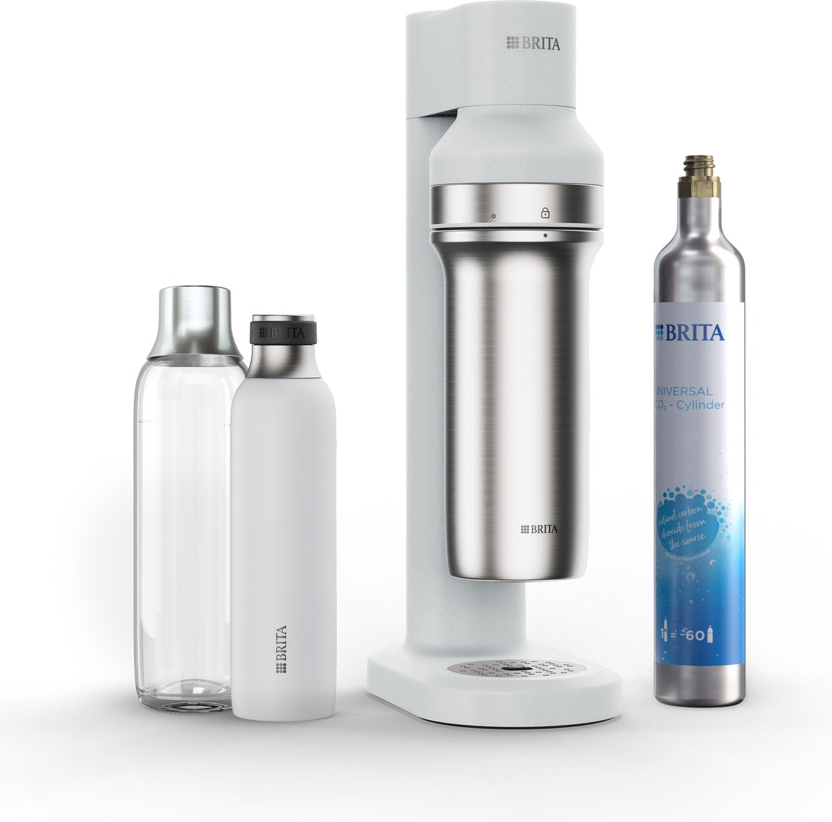 Brita - sodatrio - bruiswatertoestel - soda - wit - incl. 1 flesvoet, 1 co2 cilinder, 1 glazen fles, 1 kleine rvs fles - met cashback (enkel in belgië - tot €20 terugbetaald)