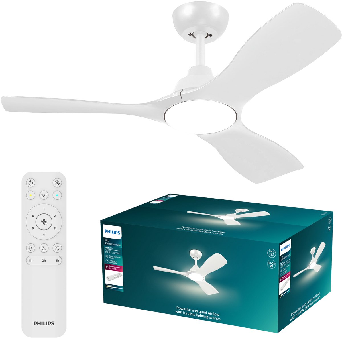 Philips led philips olas ventilator met led lamp - diameter: 106cm - instelbaar wit licht van 3000k tot 6500k - dimbaar tot 5% - inclusief afstandsbediening - 2650 lumen - wit