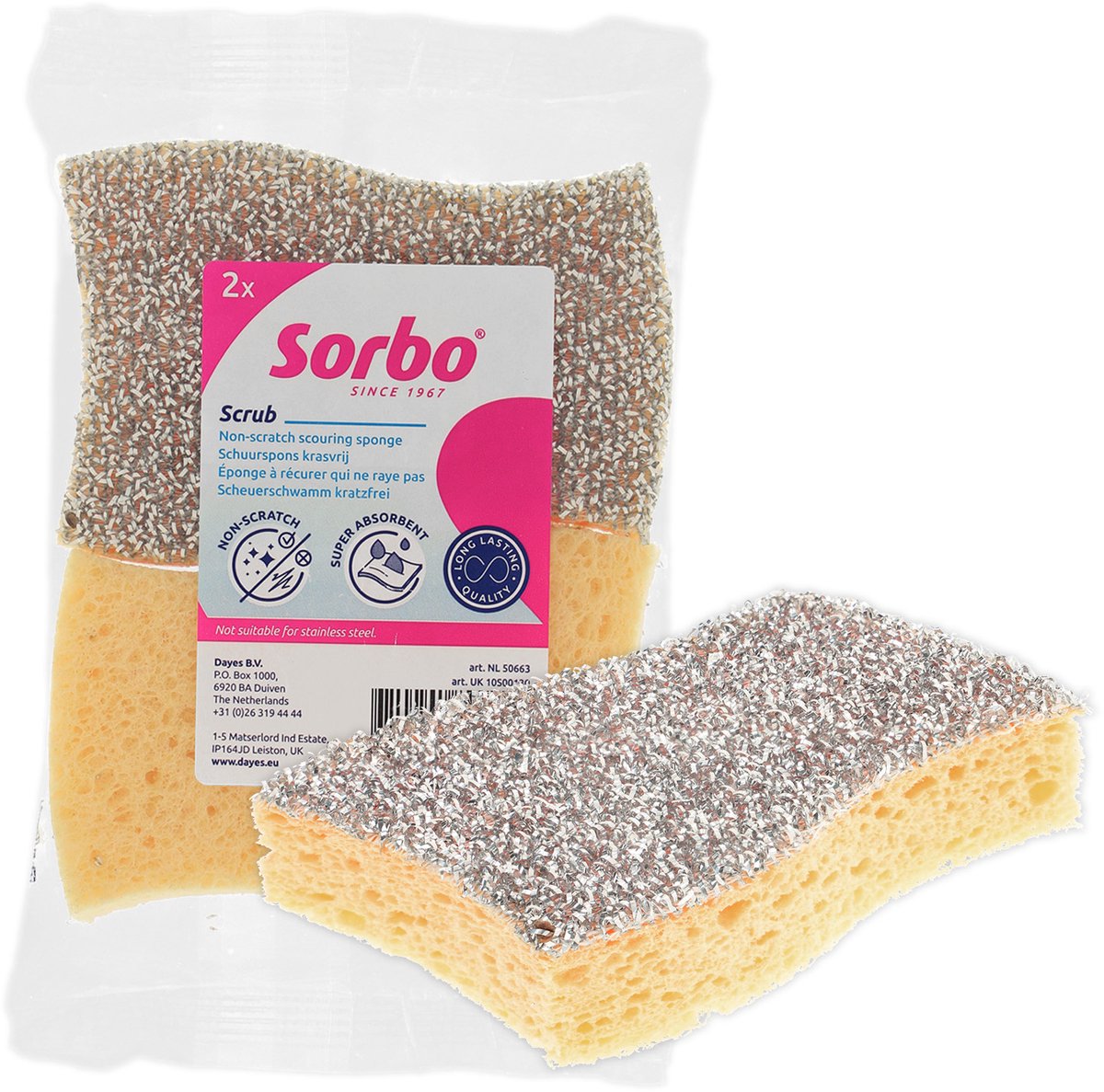 Sorbo krasvrije schuurspons - 11x7x4cm - 2 stuks - schoonmaakspons voor keuken, badkamer en afwas