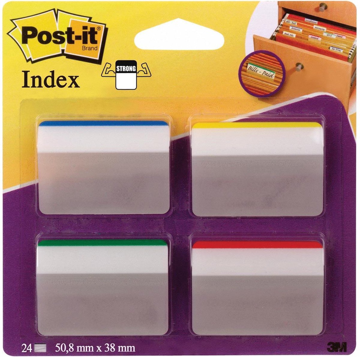 Post-it ® index strong, voor hangmappen, gebogen, blauw, groen, rood, geel, 38 x 50,8 mm, 6 tabs kleur pak