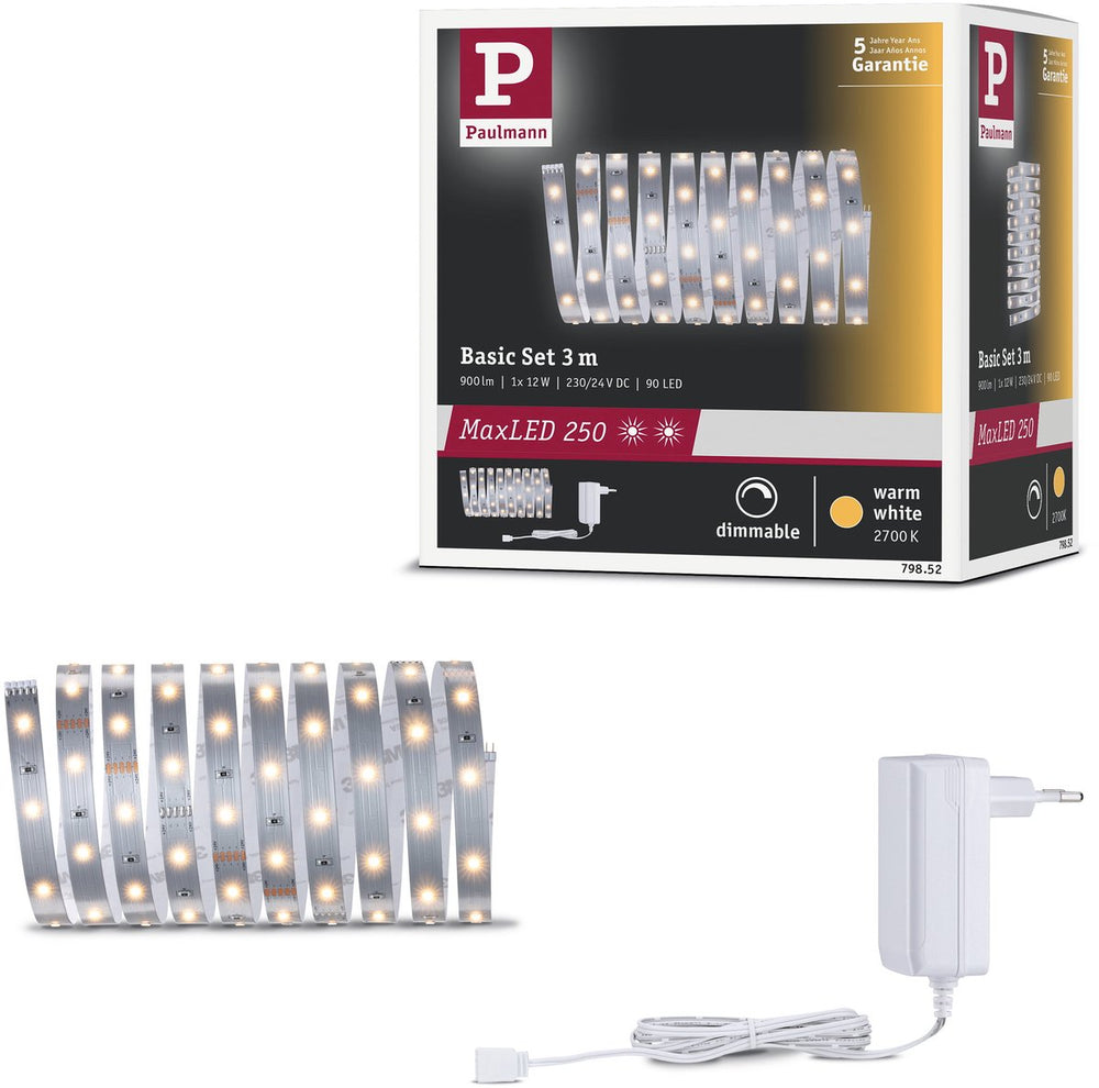 Paulmann maxled 250 led strip basisset 3m 2700k 3m 12w 300lm m 30 leds m 2700k 24va