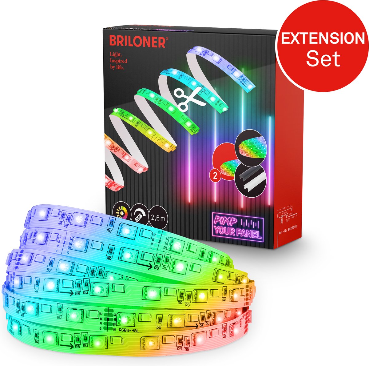 Briloner pimp your panel - uitbreidingsset led strip 2,6m - 8023252 - uitbreidingsset rgb - pimp your panel - inkortbaar - zelfklevend - uitschuifbaar - 262,5 x 1 cm