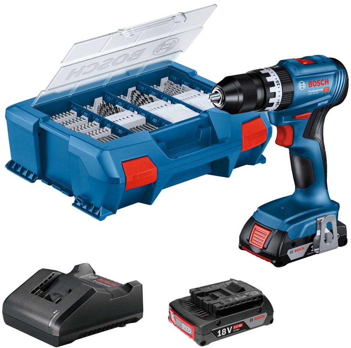 Bosch professional gsb 18v-45 accu klopboorschroevendraaier- 2x gba 18v 2.0 ah - lader gal 18v-20 - 82 accessoires