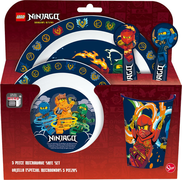 Stor lego ninjago kinderservies - 5-delig - herbruikbaar - inclusief bord, kom, bestek en beker - vaatwasser- en microgolfbestendig bpa-vrij - wit donkerblauw