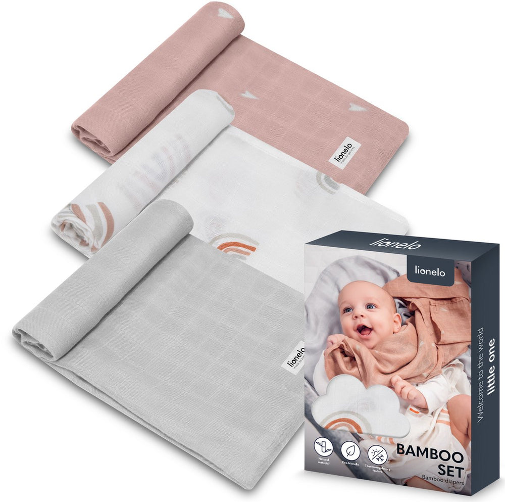 Lionelo bamboo set - 100% bamboe katoen luiers - set van 3 stuks - 70 x 70 cm - hypoallergeen - antibacterieel - thermoregulerend - ademend zacht - veelkleurig - wasbaar - vanaf geboorte