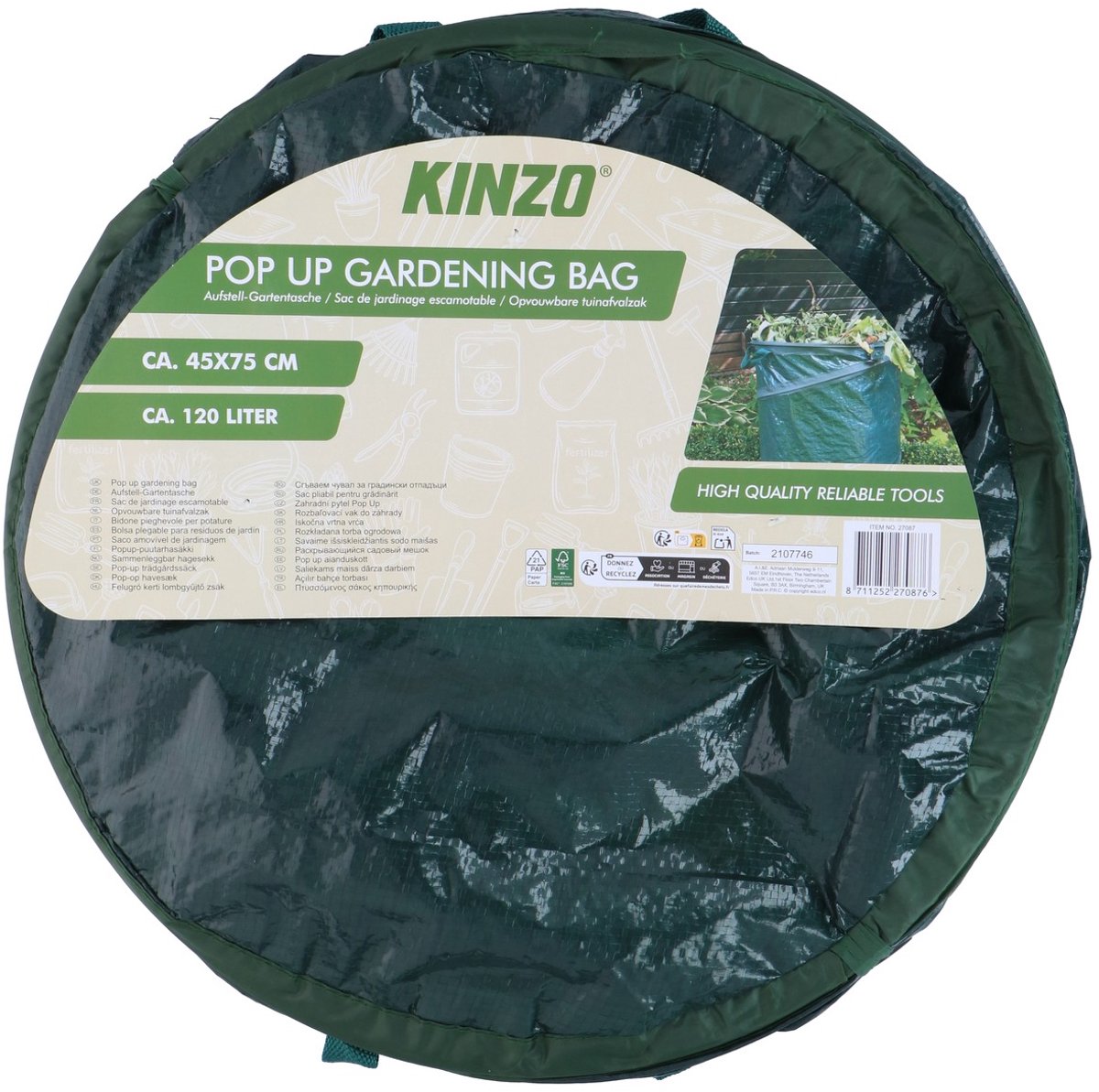 Kinzo tuinafvalzak opvouwbaar 120l – pop-up tuinzak met handgrepen – tuin afvalzak voor bladeren, gft, snoeiafval – stevig kunststof – opvouwbaar – ca. 45x75 cm – compostzak herbruikbaar