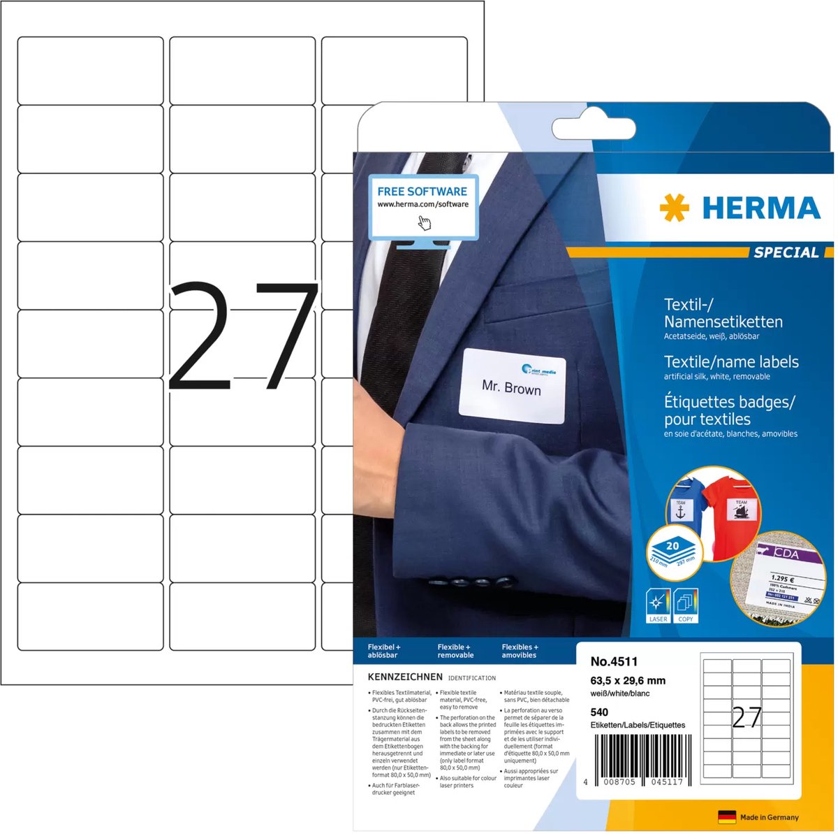Herma naam- en textieletiketten , a4, 63,5 x 29,6 mm, wit, met zonder strepen, 540 stuks