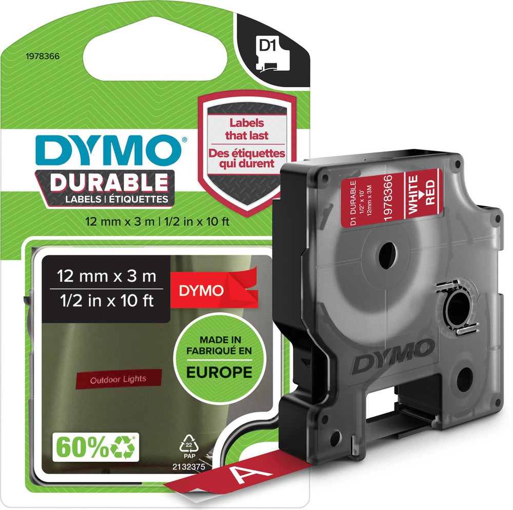 Dymo originele d1 duurzame labels | witte tekst op rood label | 12 mm x 3 m | zelfklevende etiketten voor de labelmanager labelprinter | gemaakt in europa