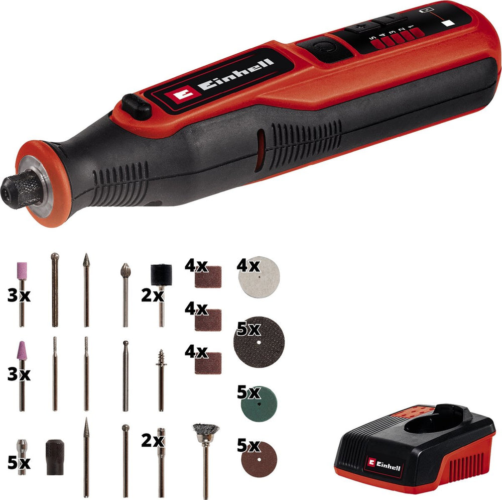 Einhell accu roterende multitool - 7,2 v 1.5 ah li-ion - 5.500-26.000 t min - spanbereik: 1,6-3,2 mm - max. diameter opzetstukken: ø32 mm - max. opzetlengte: 18 mm - incl. laadstation + 57-delige accessoireset
