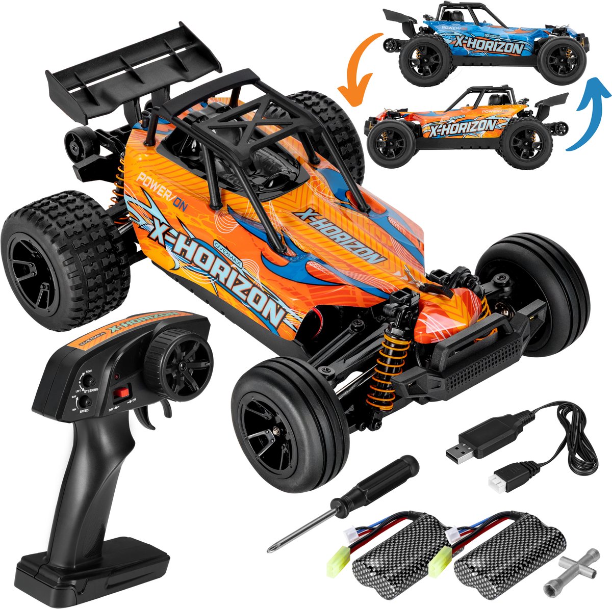 Overmax x-horizon rc auto 4x4 – 30 km u – led verlichting, dubbele accu tot 40 min, vering, lage bodemvrijheid, 2 carrosserieën, achterwielsteun, digitale connectie – offroad racewagen voor kinderen volwassenen – bestuurbare auto