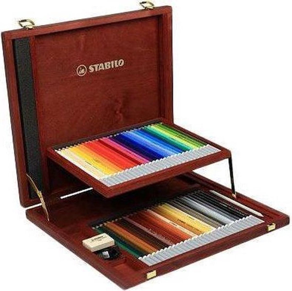 Stabilo carbothello - kalkpastel kleurpotloden - luxe houten kist - 60 kleuren - speciale puntenslijper - kneedgum en doezelaar