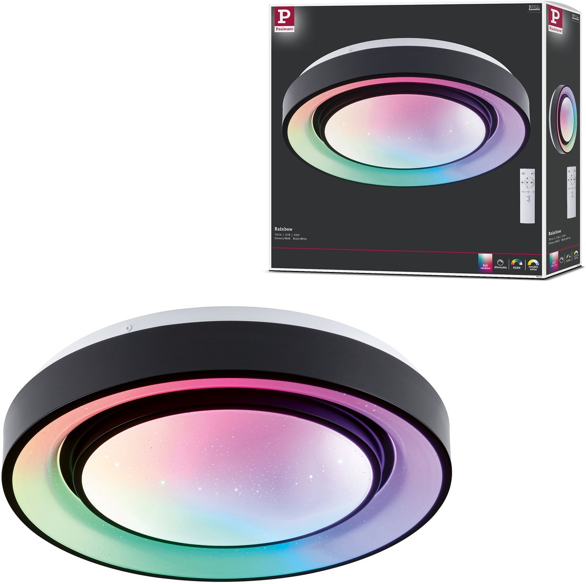 Paulmann led-plafondlamp rainbow met regenboogeffect rgbw+ 750lm 230v 22w dimbaar zwart, wit