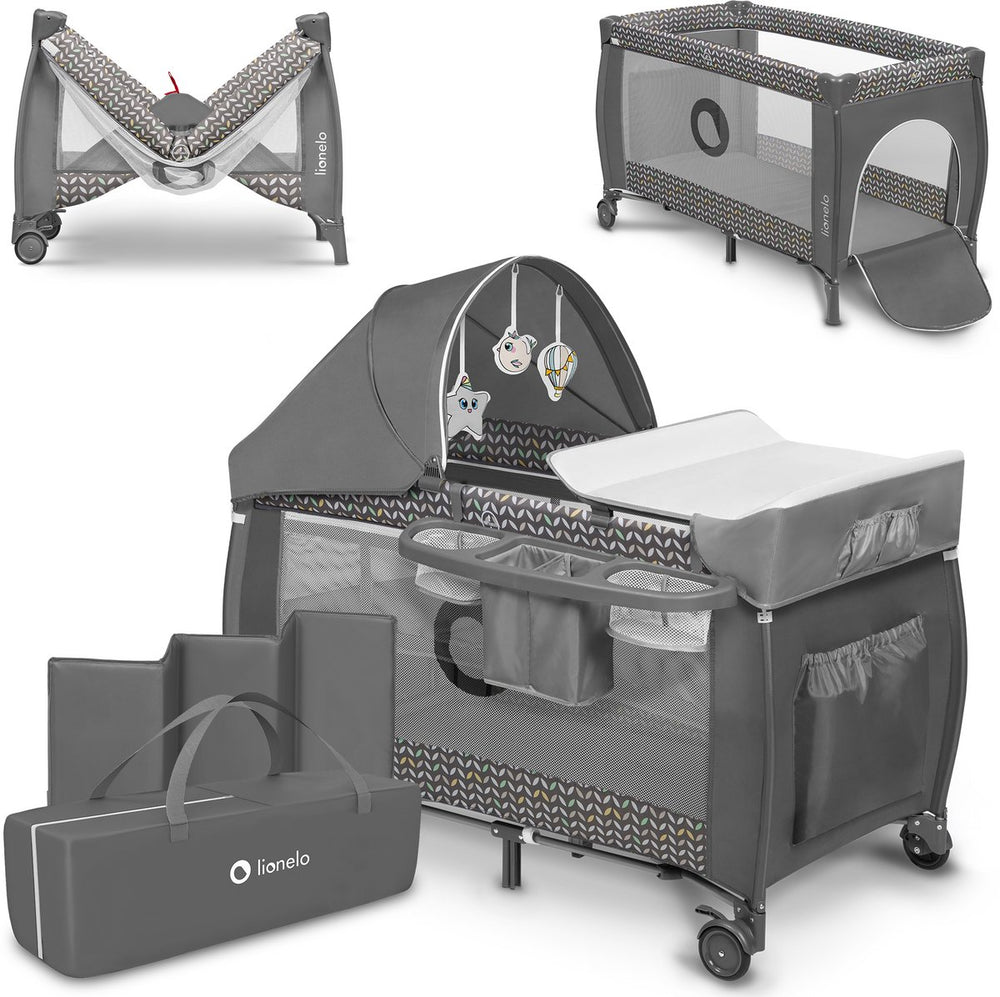 Lionelo sven plus 2in1 meegroeibed campingbedje - 127x60 cm - tot 15 kg - co-sleeper - reisbed met commode, organizer, klamboe en interactief speelgoed