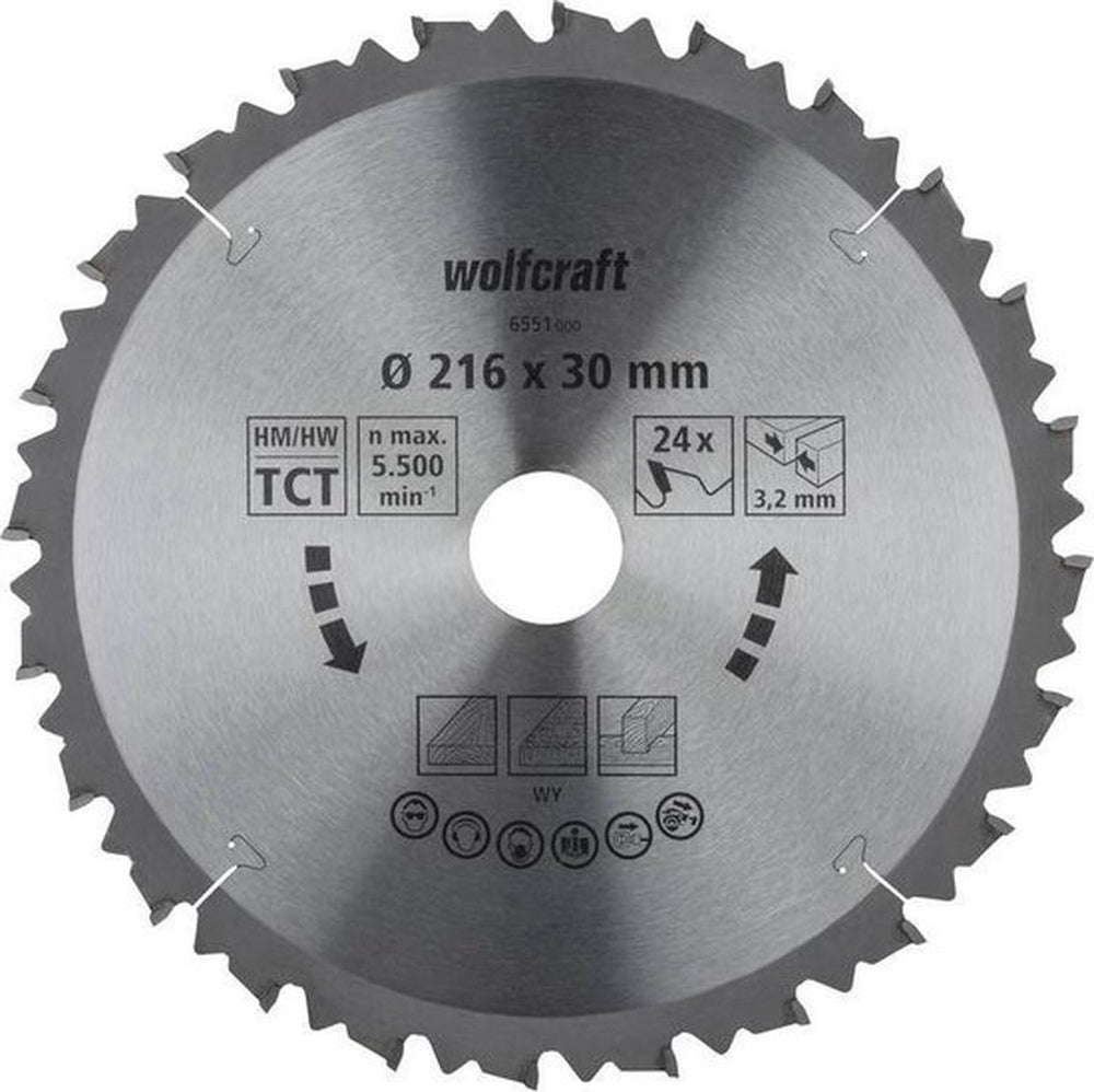 Wolfcraft - cirkelzaagblad 216x30 mm afkortzaag - 24 tanden - geschikt voor afkortzagen tafelzagen - 6551000