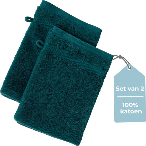 Hush. living hush living - washand - 100% katoen - set van 2 - zware kwaliteit 500g m2 - stijlvol boord en ophanglus- 16x22cm - donkergroen