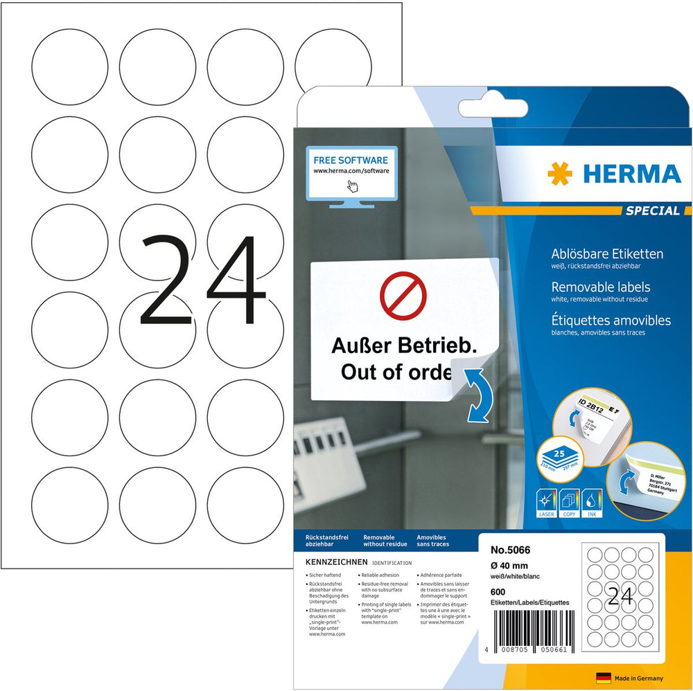 Herma 5066 movable etiketten ø 40 rond 25 vel din a4 600 stuks.