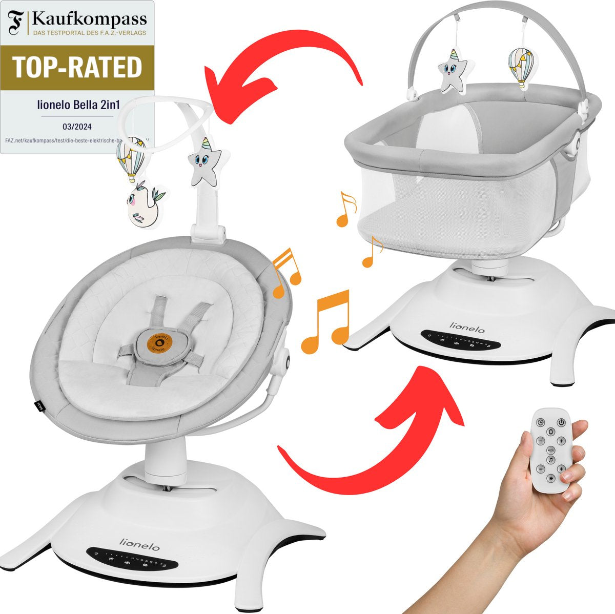 Lionelo bella set 2in1 – wipstoel reiswieg – 360° draaibare zitting – elektrische 6 schommelstanden – 5 snelheden – rugleuning 3 posities – bewegingssensor – nachtmodus – 12 melodieën – bamboe kussen – afstandsbediening – wasbare hoezen – tot 9 kg